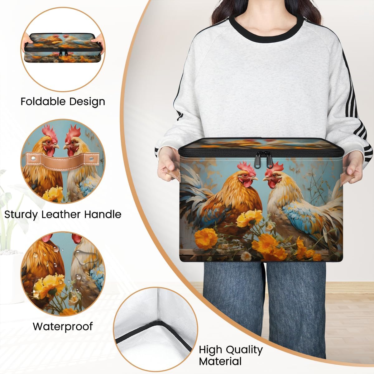 Storage Bin Set of 2 Yellow Flower Rooster Storage Basket with Zipper Lid & Handle Foldable Closet Shelf 2 Pack Cloth Organizer Basket Cube Bins Clothes Organizer for Bedroom, Nursery
