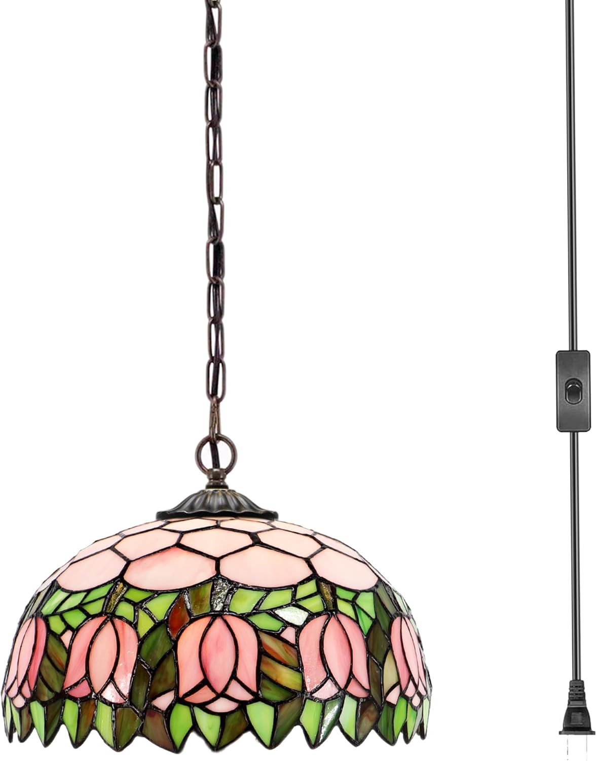 Stained Glass Plug in Pendant Light Vintage Swag Lamp 12X12X180 Inch Pink Tulip Hanging Lamp for Dining Room Living Room Office Bedroom or Porch