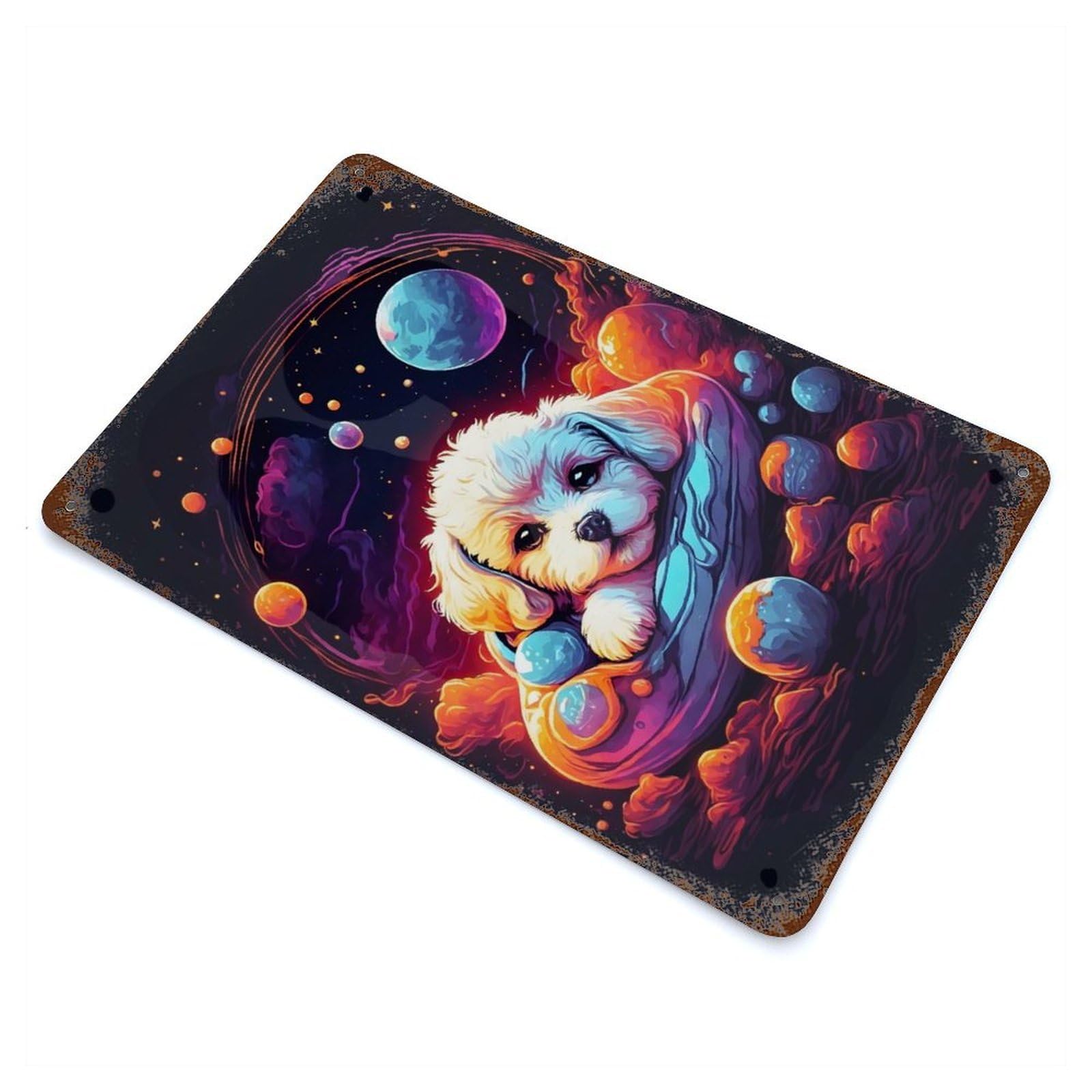 Rust Effect Bichon Frize Puppy Weathered Tin Sign 11.8"x7.9", Novelty Wall Decor for Office, Studio And Wall Decor