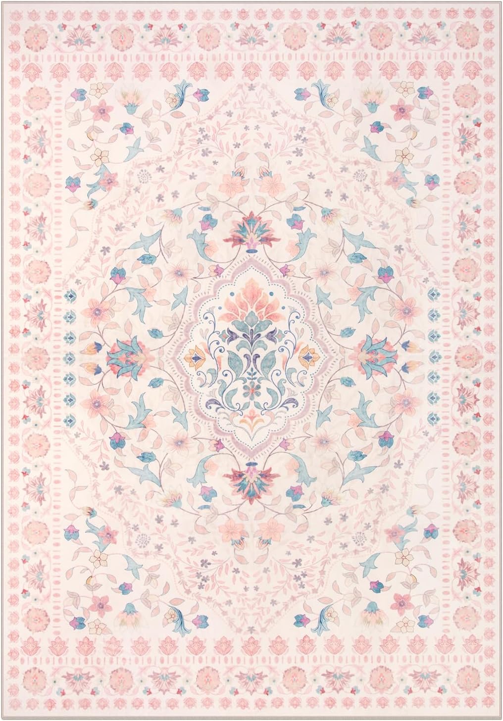 Wonnitar Floral 5x7 Washable Nursery Rug, Pink Rugs for Bedroom Girls, Boho Ultra-Thin Soft Non Slip Floor Carpet for Dorm Living Room Playroom Home Decor, Pastel Pink - Image 2