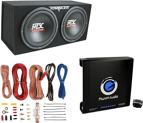 MTX Subwoofers de coche con carga dual TNE212D de 12 pulgadas y 1200 W + caja + amplificador Planet de 1500 W + kit