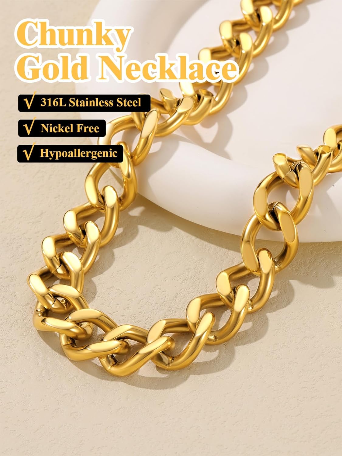 U7 Chunky Cuban Link Chain for Women, Stainless Steel Chain Necklace, Dainty 14K Gold/Silver Thick Trendy Punk Hip Hop Cuban Chain, 12mm/16mm/20mm - Image 5