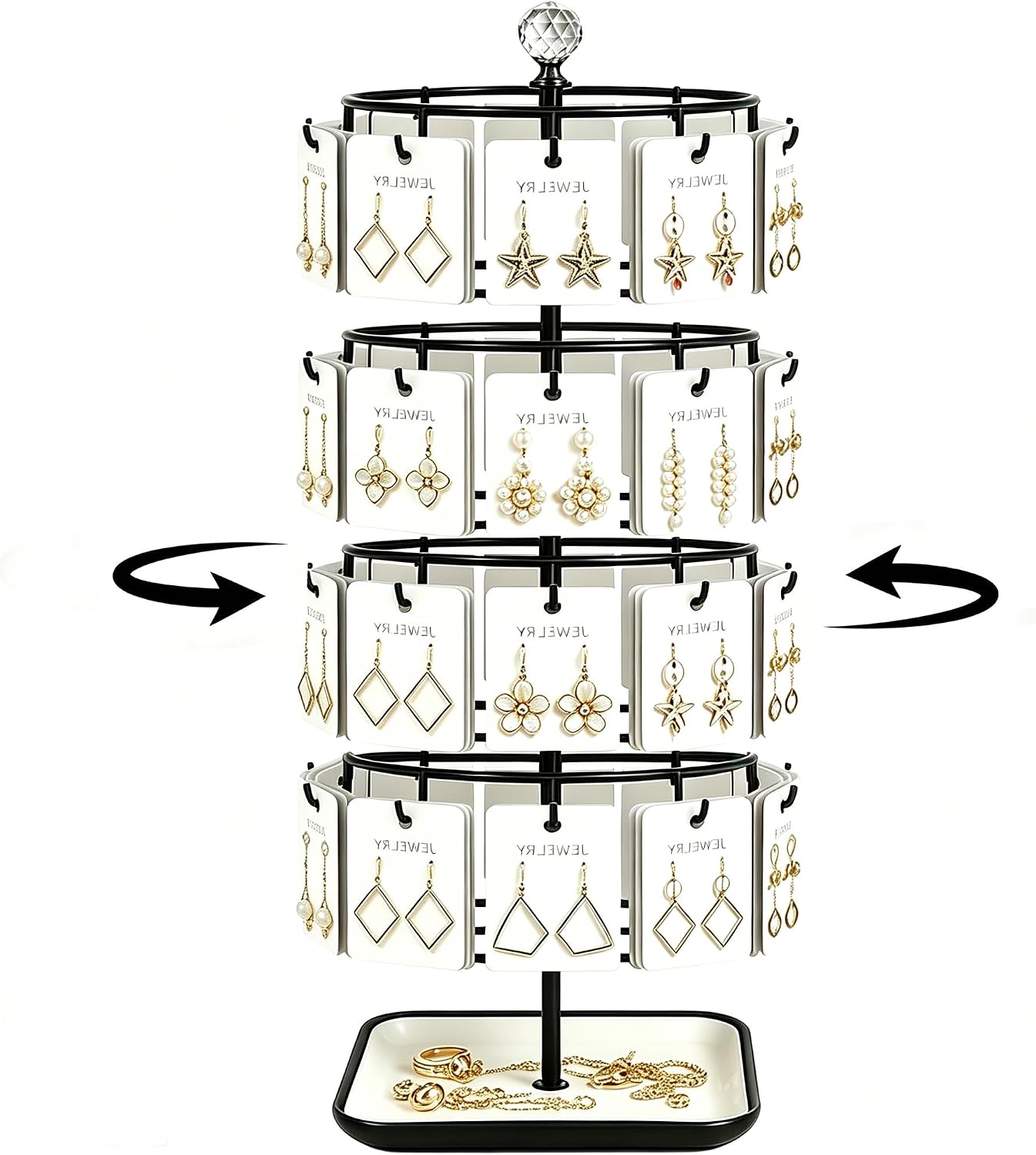 four-tier rotating earring and bracelet storage rack, with adjustable stand, equipped with 44 hooks, circular wooden tray storage rack, black