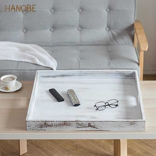 Miniatura 10 de Hanobe Bandeja otomana cuadrada grande: bandeja extra grande para servir con asas, bandejas decorativas de madera rústica, mesa auxiliar, decoración