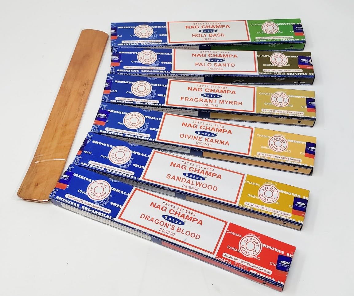Satya Nag Champa Combo Incense Sticks Mix Deal - Sandalwood, Palo Santo, Dragons Blood, Divine Karma, Mirra, Holy Basil with JR Incense Holder SNC1