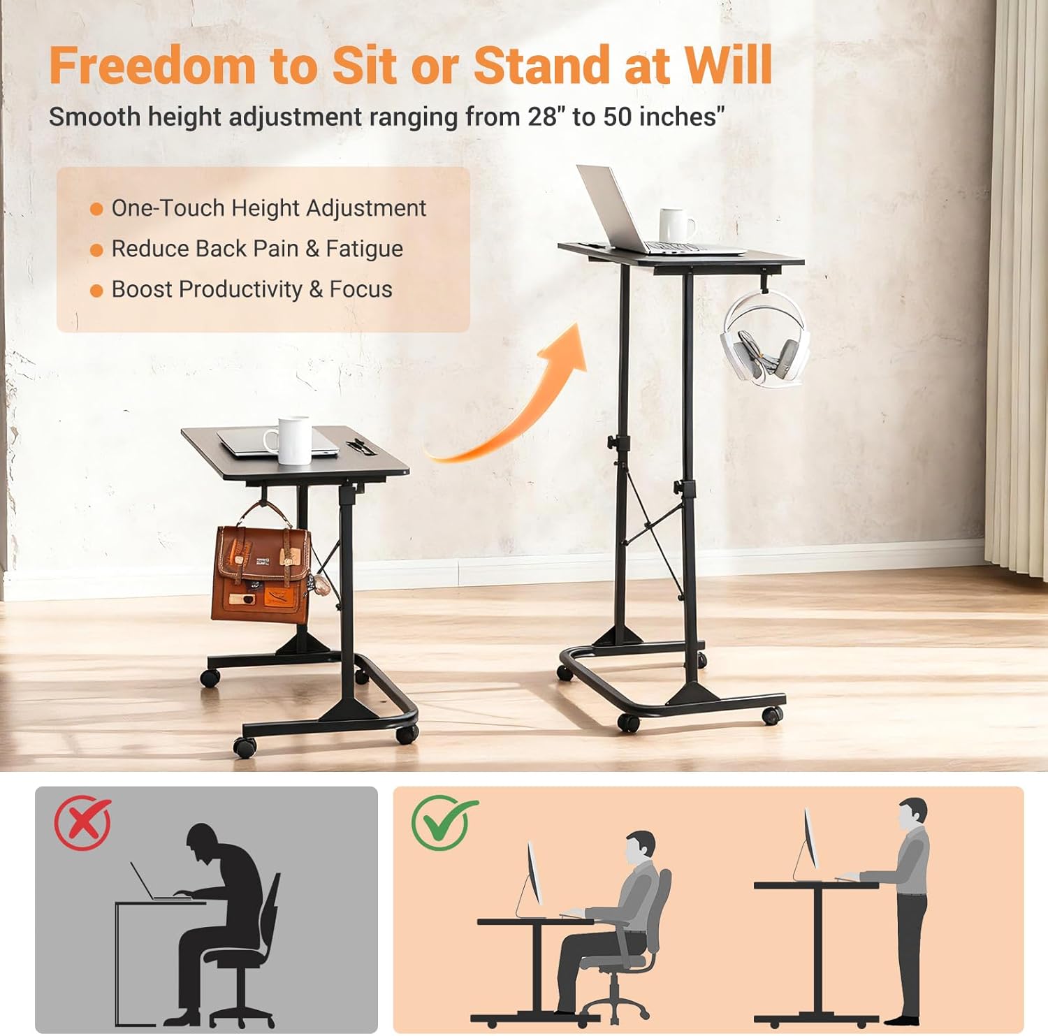 Treadmill Desk, Adjustable Height (28-49 Inch) Rolling Standing Desk with Wheels, Portable Laptop Table for Walking Pad, Spin Bike & Exercise Bike, 31x16 inch Mobile Workstation for Home Office