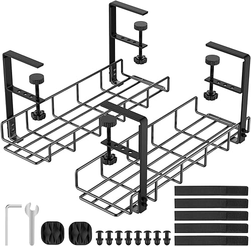 Bandeja de gestión de cables para debajo del escritorio, brazos largos actualizados (3.9 pulgadas), bandeja de acero para cables de escritorio,