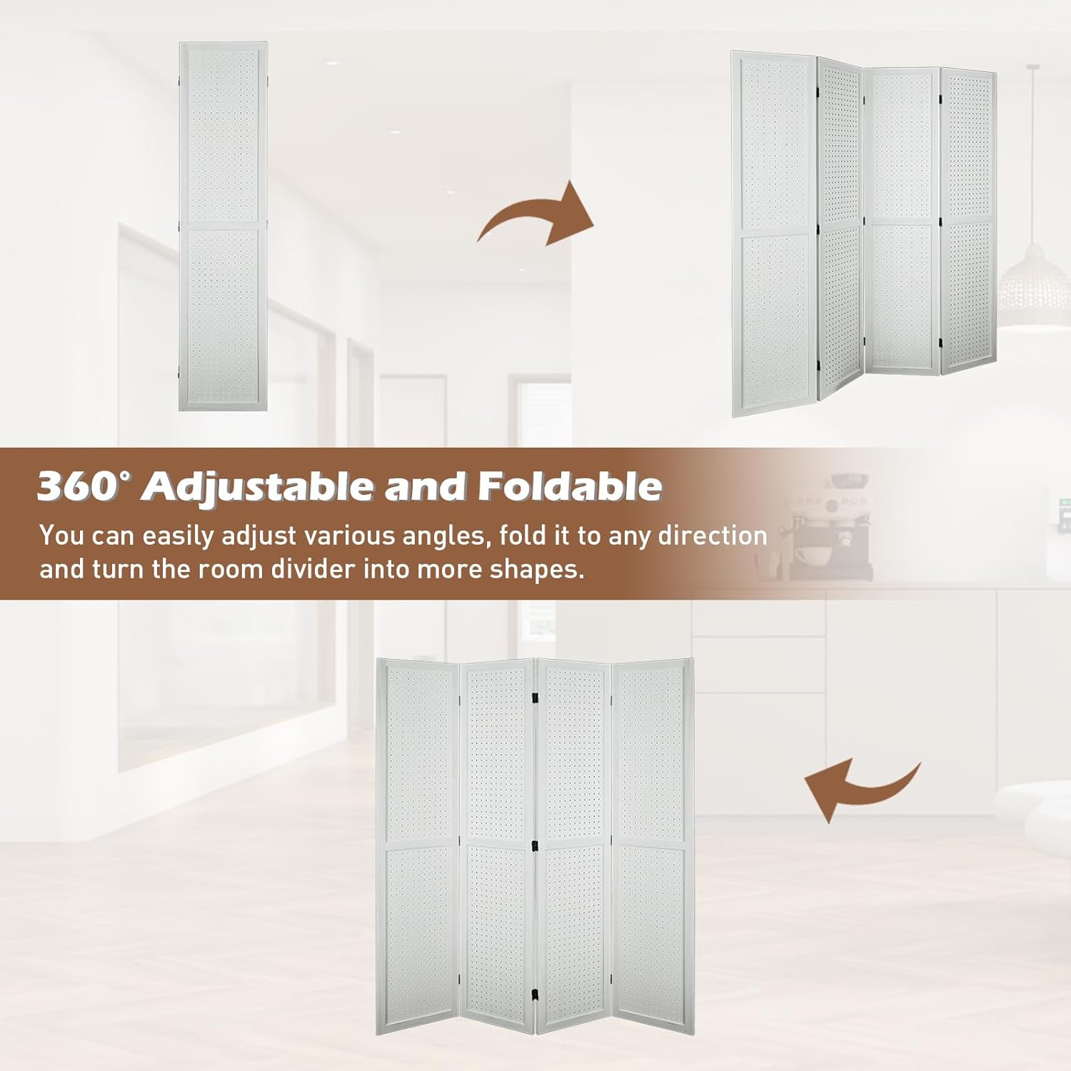 ECOMEX 4 Panel Room Divider, 5.6Ft Pegboard Display Wooden Room Divider Folding Privacy Screen Room Divider Freestanding Peg Board Display for Trade Show Craft Show Home Wall Organizer, Elegant White