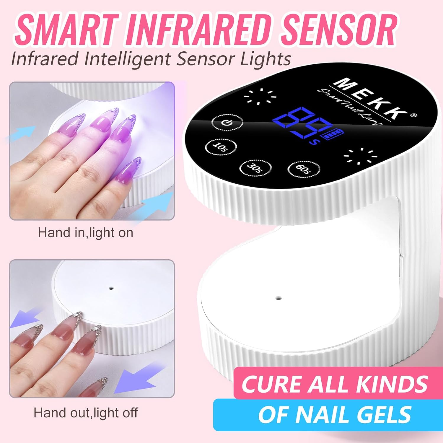 MEKK Mini UV Light for Gel Nails, 24W Cordless Flash Cure Nail Lamp | Flash cure, Auto Sensor, 4 Timers (10/30/60/90s), Portable, USB-C, for Home & Travel & Salon,White