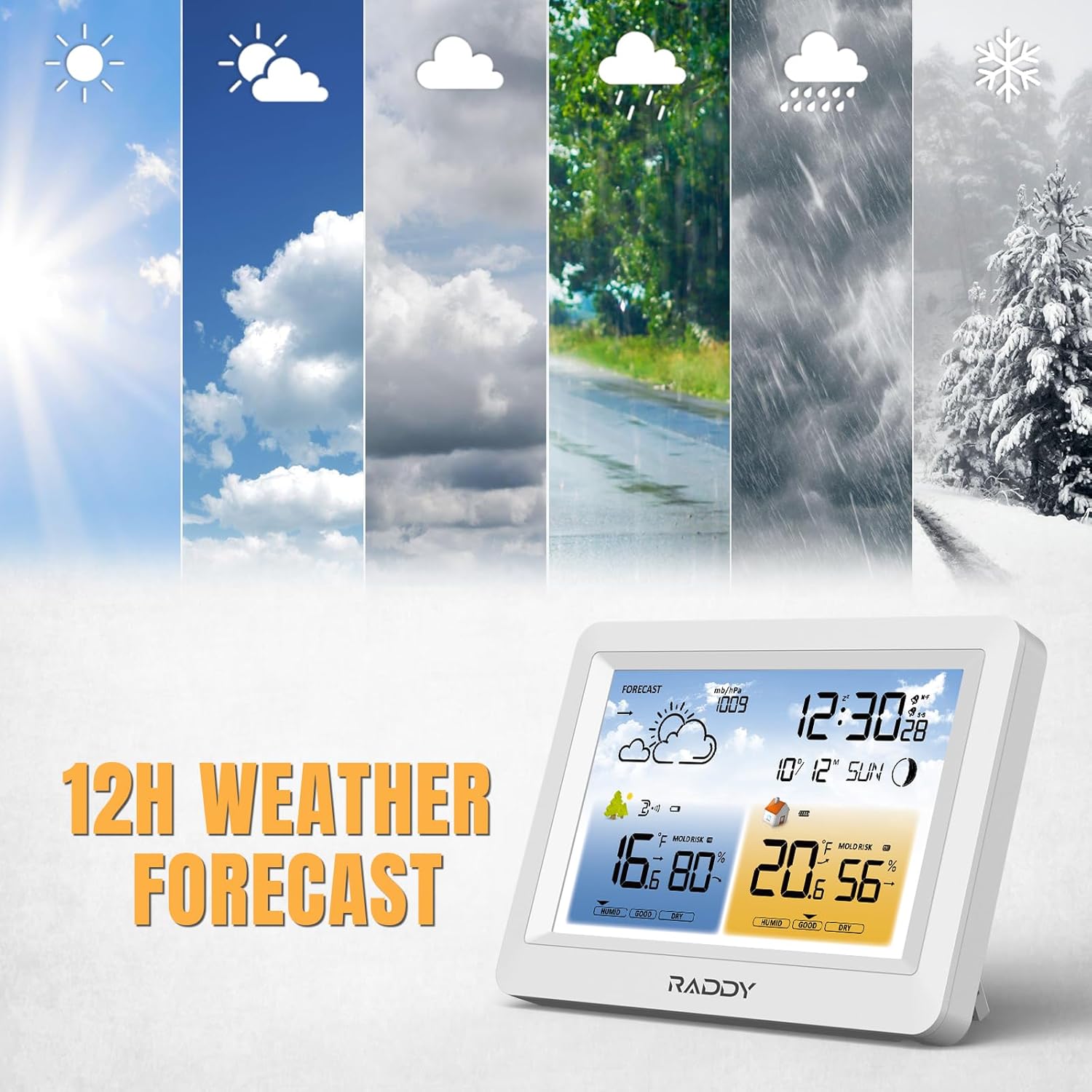 Raddy WM6 Weather Station displaying a 12-hour weather forecast