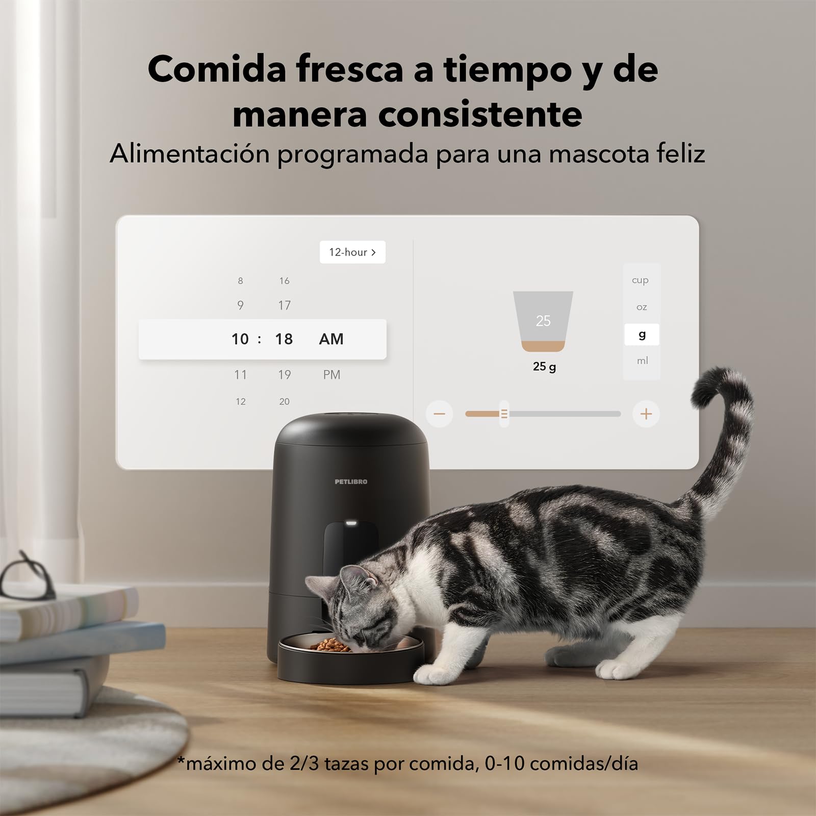 PETLIBRO Comedero Gato Automatico, 2.4G WiFi Funciona con Pilas, Dispensador Comida Seca Gatos/Perros, Control de App, 1-10 Comidas al Día, Automático Mascotas Sin Cable para Gatos, 2L, Negro
