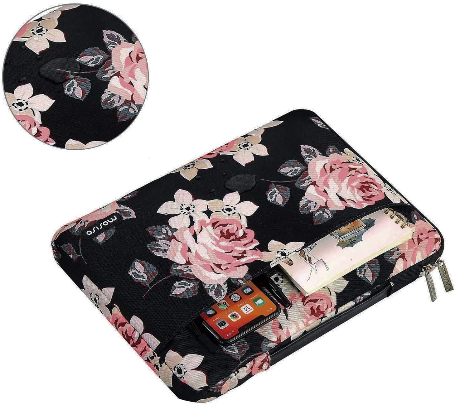 MOSISO 360 Protective Laptop Sleeve Compatible with MacBook Air/Pro, 13-13.5 inch Notebook,Compatible with MacBook Pro 14 inch 2023-2021 A2779 M2 A2442 M1, Polyester Rose Bag with Trolley Belt, Black