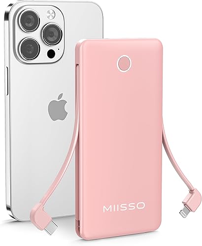 miisso Cargador portátil delgado de 10000 mAh con cable integrado, cargador de telĂ©fono de viaje, paquete de baterĂa externa para telĂ©fonos, 4 miisso Cargador portátil delgado de 10000 mAh con cable integrado, cargador de telĂ©fono de viaje, paquete de baterĂa externa para telĂ©fonos, 4