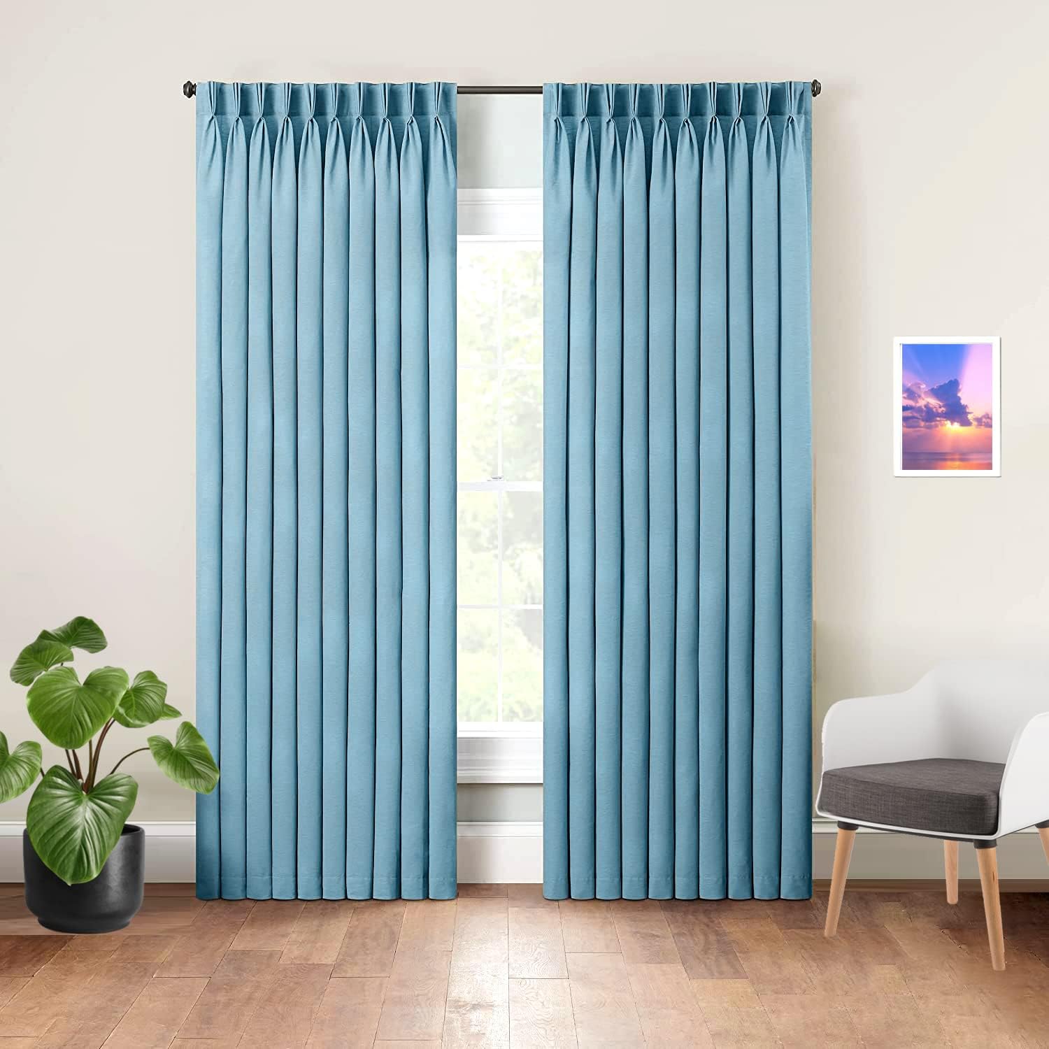 Triple Pinch Pleat Curtain Blackout,Panel with Ring Added Hook Solid Polyester(Pure White, 96 Inch Wide by 96 Inch Long- 1 Panel)