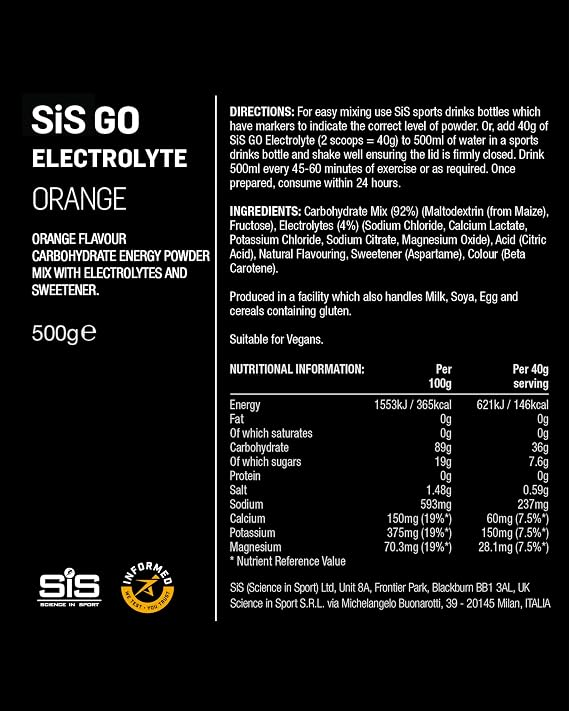 Science In Sport GO Electrolyte Powder Energy Drinks, High Carbohydrates and Sodium, Orange Flavour, 12 Servings Per 500 g