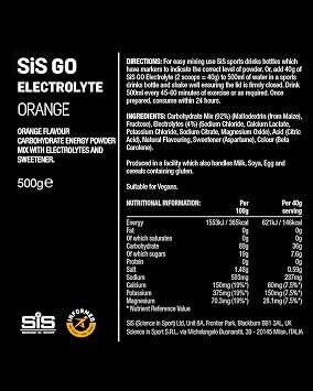 Science In Sport GO Electrolyte Powder Energy Drinks, High Carbohydrates and Sodium, Orange Flavour, 12 Servings Per 500 g