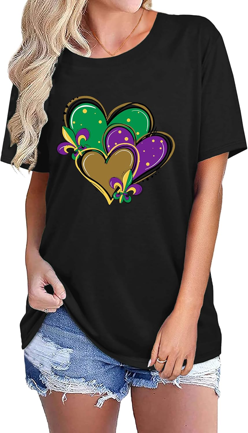 MAIHUN Happy Mardi Gras Shirt Womens Mardi Gras Day Heart Tshirt Tuesday Carnival Tee New Orleans Party Short Sleeve - Image 4