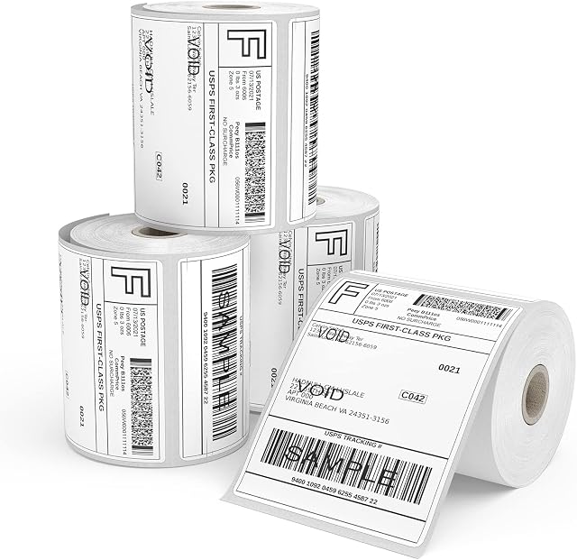 Direct Thermal Labels 4 Roll 1000 Labels Shipping Labels White 4" x 6"(101x152mm) Packaging Envelopes Labels for Direct Thermal Printers 250 Labels/Roll