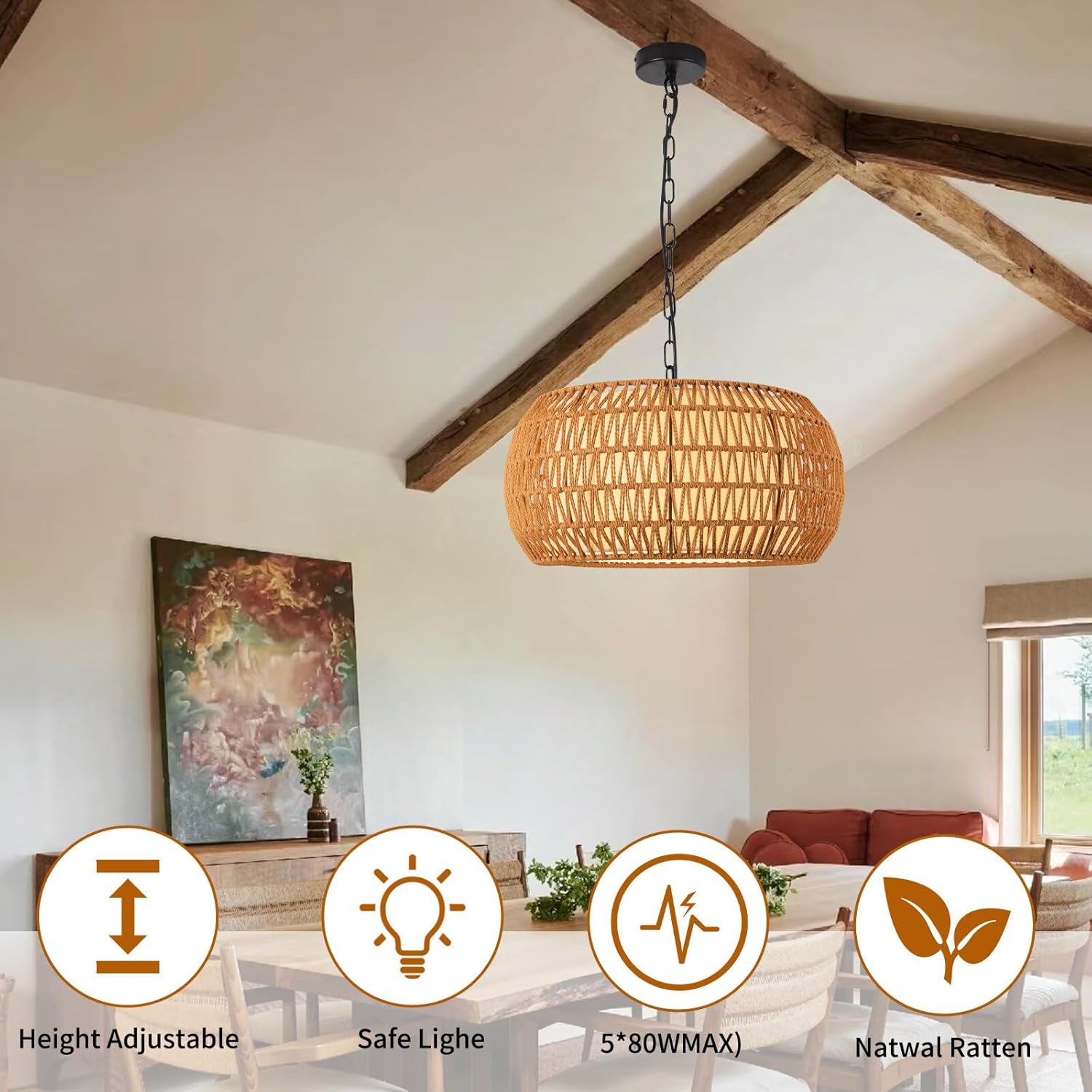 Rattan Farmhouse Chandelier Light Fixtures, 5-Lights Boho Large Pendant Light, Hand Woven Large Rattan Dining Room Light Fixture for Kitchen Bedroom Island Hallway