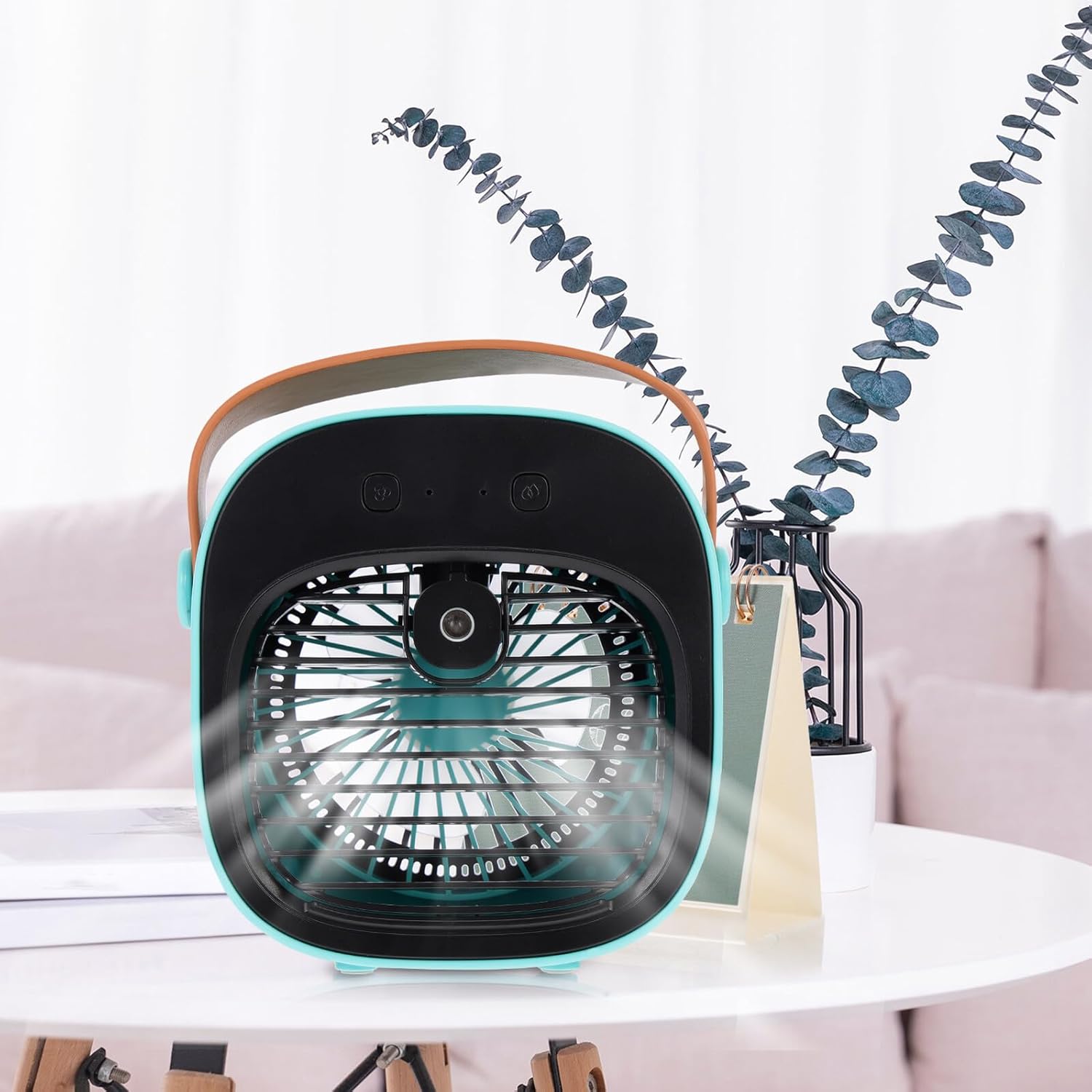 VICASKY Portable USB Plastic Desktop Cooling Misting Fan, Rechargeable Air Circulator for Office, Bedroom, and Dormitory Use, Blue Compact Table Air Cooler