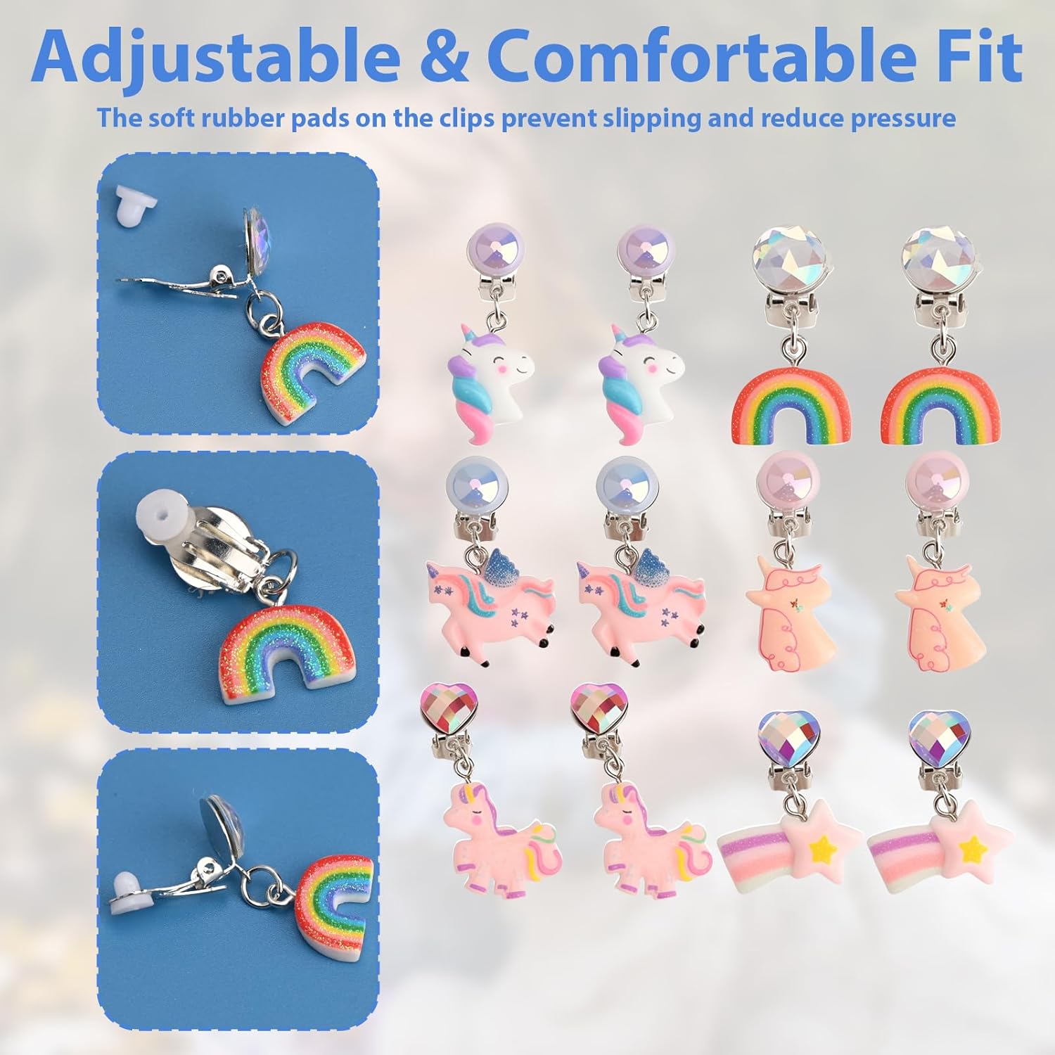 6 Pairs Clip On Earrings Non-Pierced for Dress Up Princess Non-Pierced Rainbow Cute Animal Colorful Party Favor