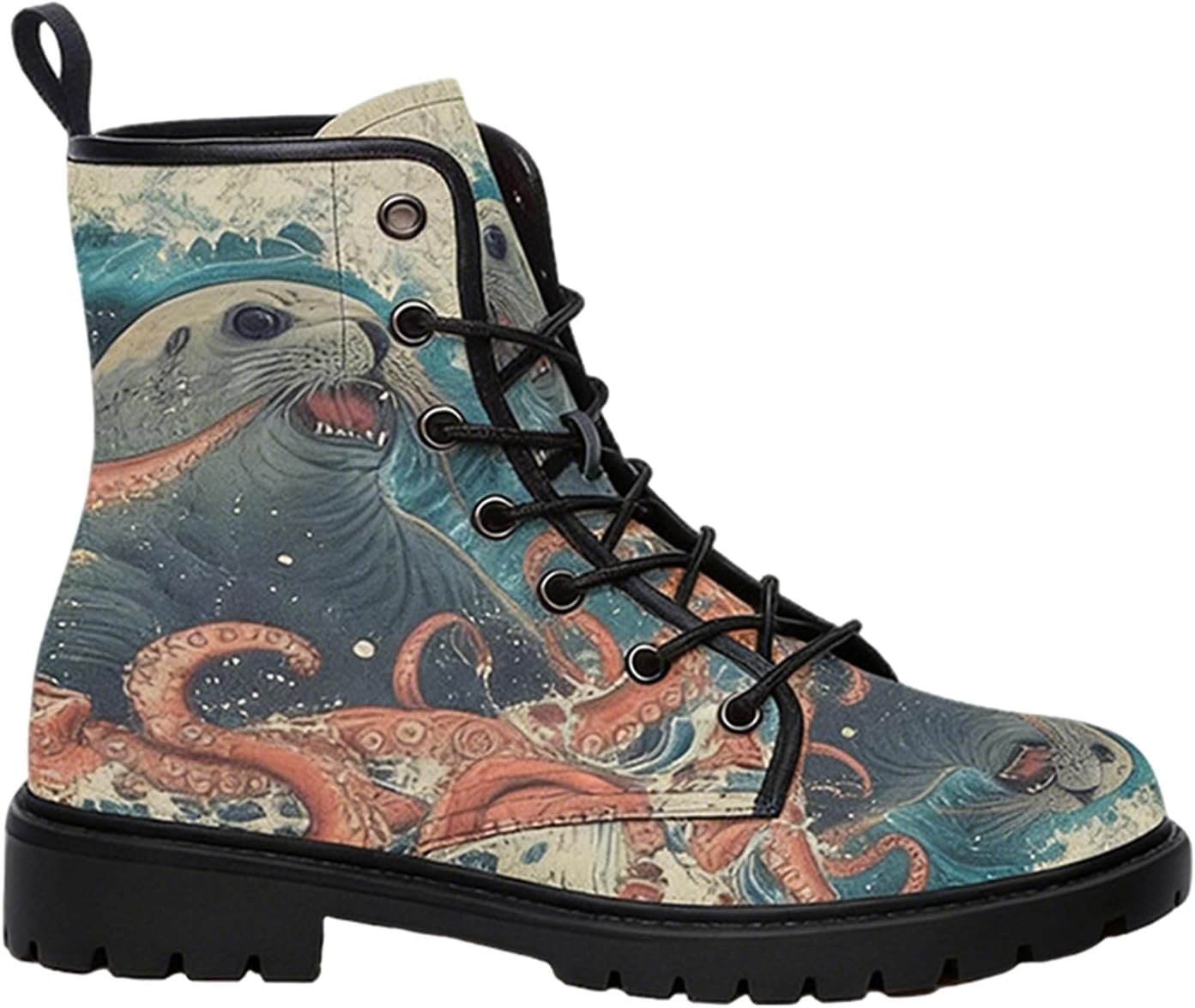 Women's Gothic Printed Combat Boots with Vintage Oil Painting Abstract Pattern Lace-Up Chunky Sole Dark Aesthetic Customizable Booties Streetwear Fashion Shoes for Travel Party Cosplay, Sea