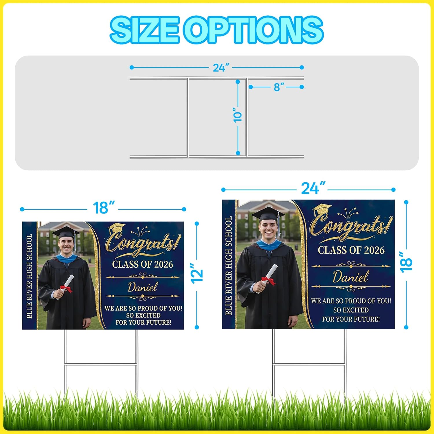HomeJoy Personalized Graduation Yard Sign Class of 2026, Double-Sided 12”x18” 18”x24” Grad Lawn Sign with Metal Stake, Custom Senior Decor for Kindergarten, High School, College Congrats!