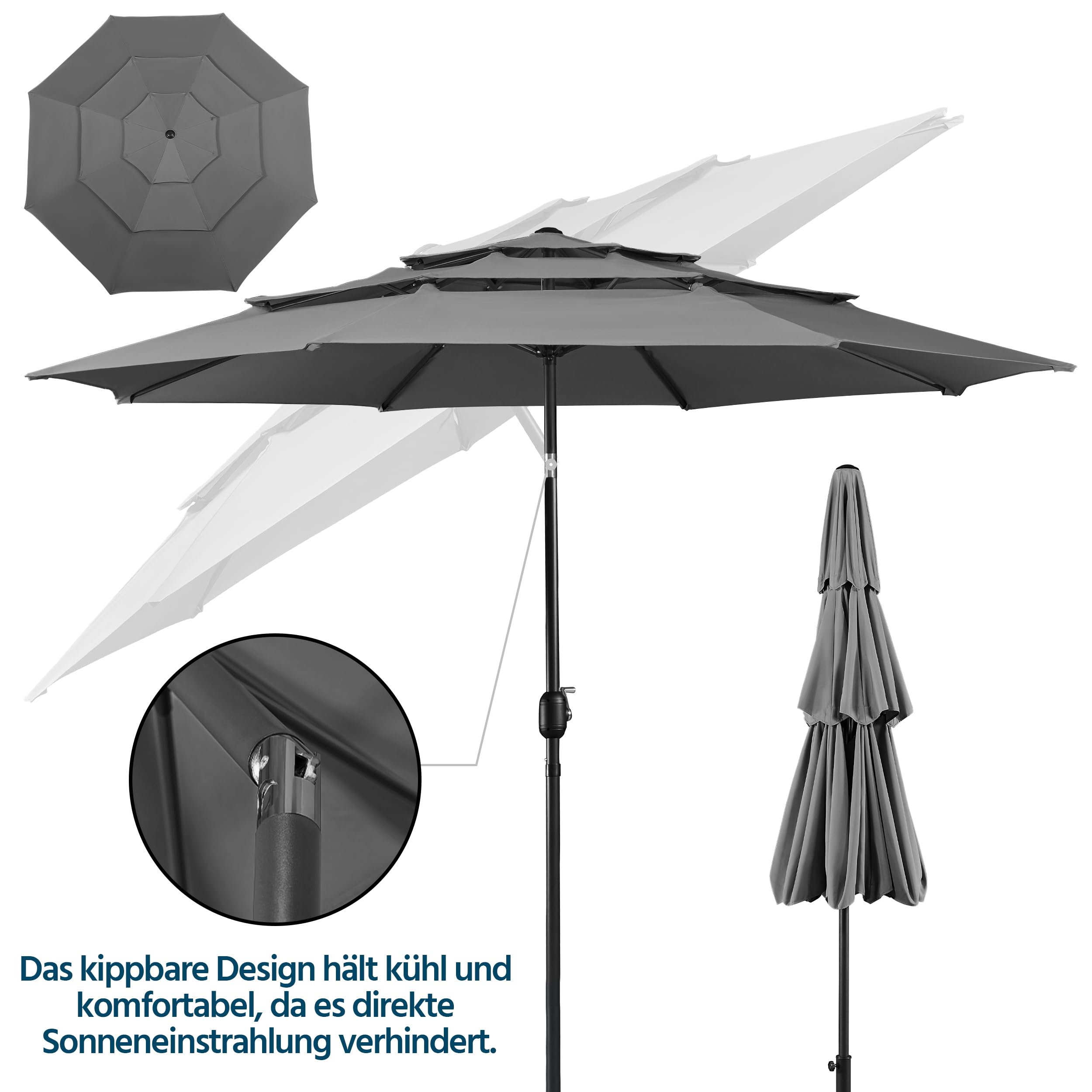 Yaheetech Parasol przeciwsłoneczny z 3-warstwowym dachem Φ 324 cm, odchylany parasol ogrodowy, ochrona przed promieniowaniem UV, wentylowany, okrągły parasol do ogrodu/balkonu/tarasu/plaży, szary
