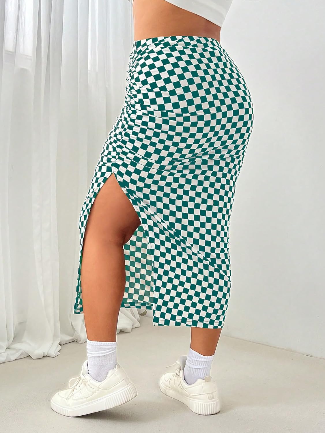 WDIRARA Women's Plus Size Checkered Ruched Midi Skirt High Waist Split Thigh Pencil Skirts - Image 2