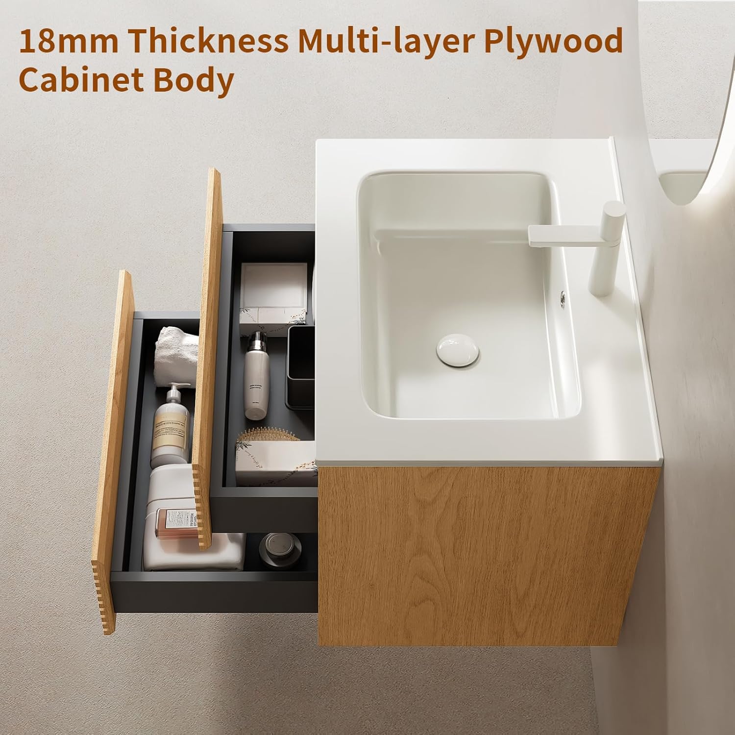 24" Small Floating Bathroom Vanity with Sink, Nature Solid Wood Surface Wall Mounted Bathroom Storage Cabinet with 2 Drawers, with Sink Hole Cover and Drain, Pre-Assembled, Corolla Oak