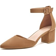 LAICIGO Womens Pointed Toe Pumps Ankle Strap Buckle Chunky Block Heel Dress DOrsay Shoes