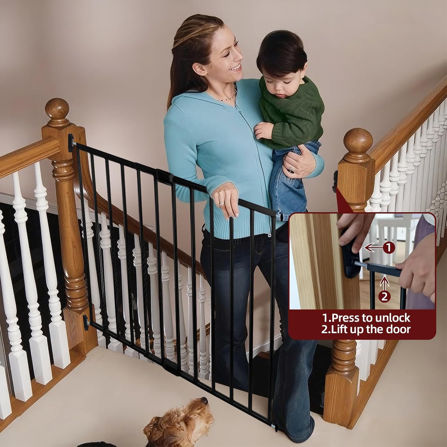 Adjustable pet Fence, 24“-40.5” Wide x 28.75" High Dog Fence, Hardware-Installed Metal Door, Suitable for doorways and stairways, Safety Passage Fence, Suitable for Dogs and Cats. (Black, Metal)