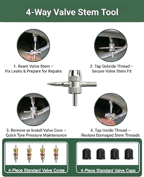 Tyre Repair Kit, 32pcs Compact Tyre Puncture Repair Kit with Rubber Plugs, Upgraded T-Handle, 4-Way Valve Tool, Flat Tyre Repair Tool for Cars, Motorcycles, Van, ATV, SUV