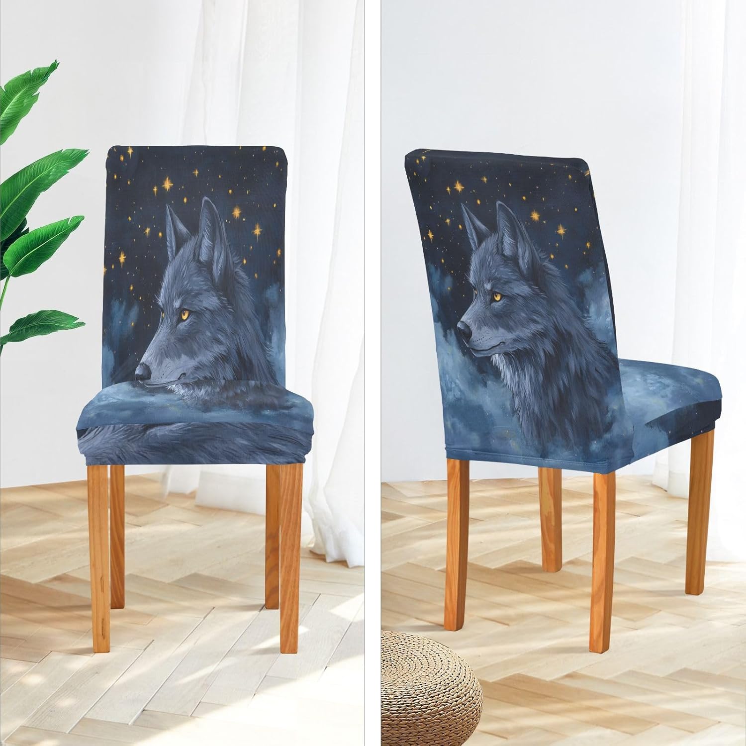 ALAZA Chair Covers for Dining Room, Watercolor Starry Wolf Stretch Chair Cover Sets Chair Protector Removable Washable for Ktichen Restaurant Hotel
