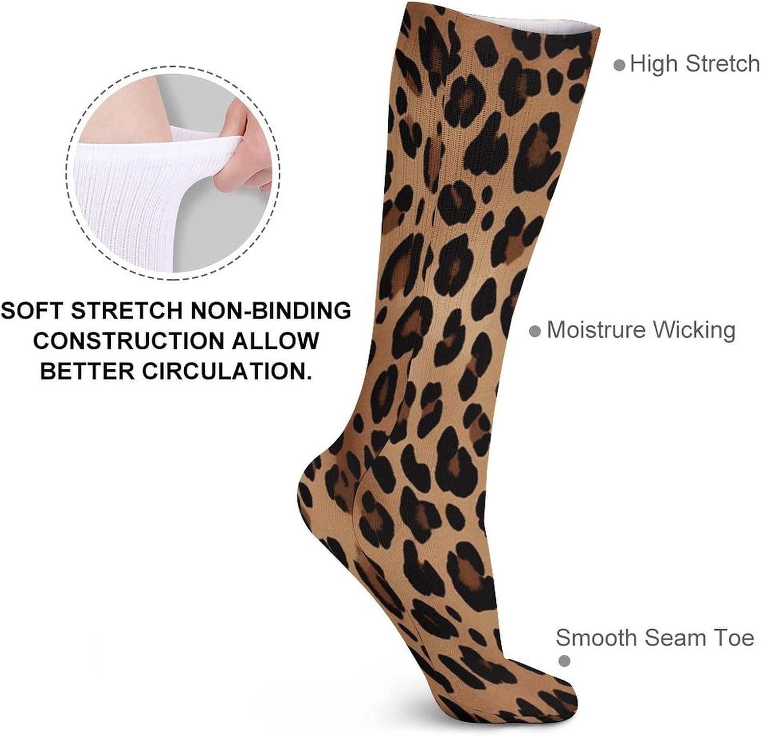 Leopard Print Crew Socks High Stocking Thermal Socks | Tube Socks-Breathable-Moisture-Soft-wicking for Hospital Pilates Yoga for women men Grippy for office and daily walking