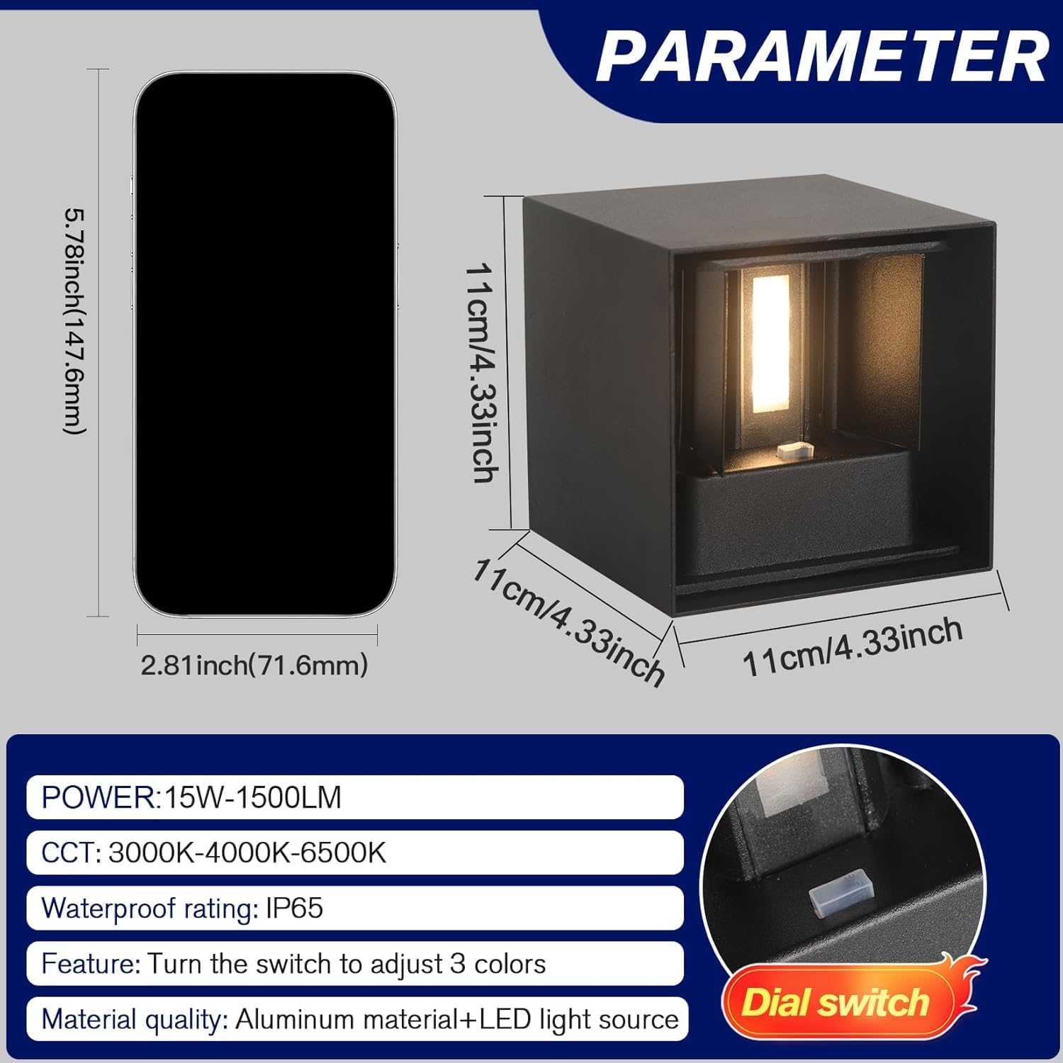 4 Pack Modern Outdoor Wall Lights, ETL Listed 15W Square LED Exterior Wall Sconce, 3 Color Temperature Selectable, Adjustable Up and Down Lighting Fixtures, IP65 Waterproof Aluminum Porch Light