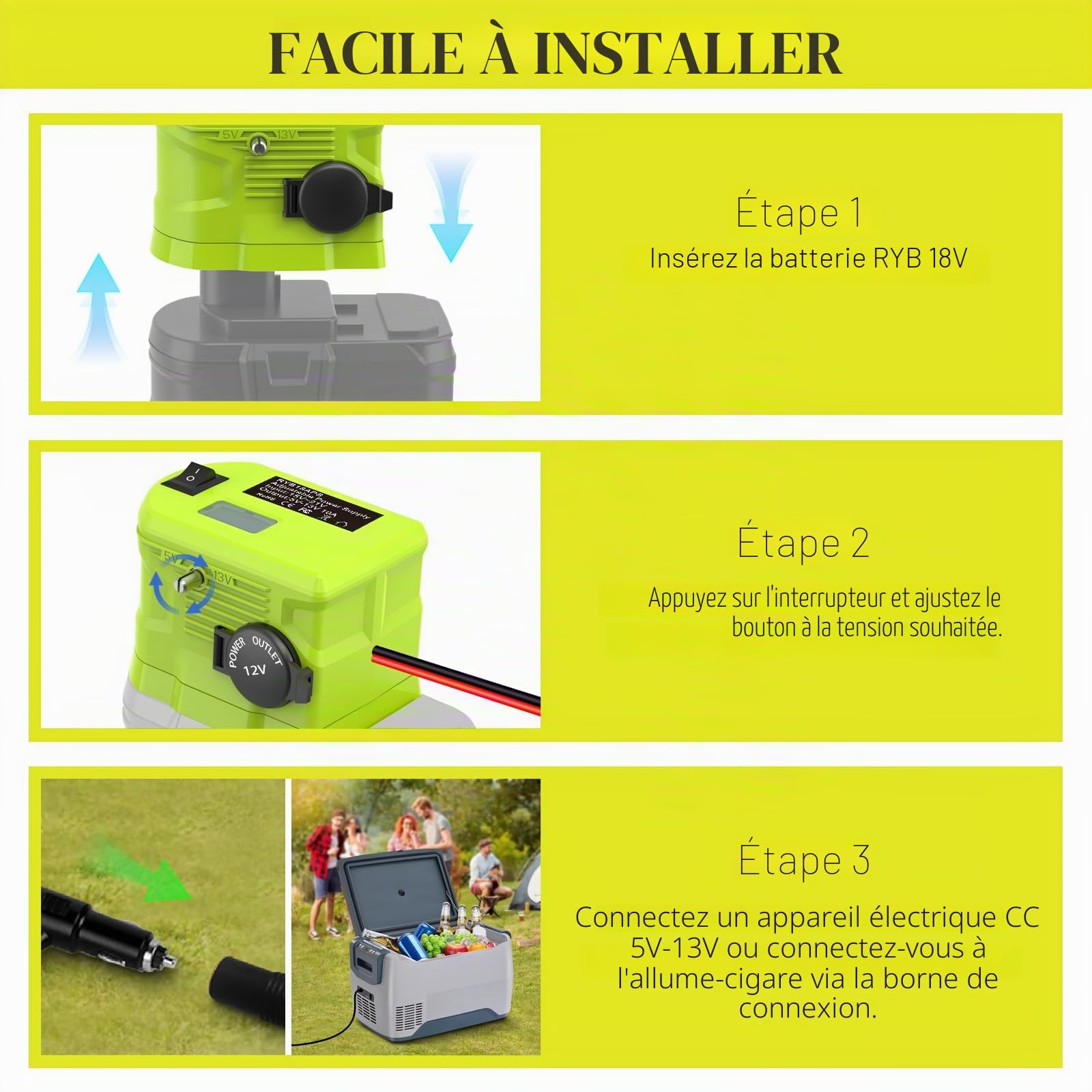 Adaptateur abaisseur pour batterie Ryobi, convertisseur régulateur de tension de 18 V à 12 V de 18 V à 5 V-13 V, avec fil 16 AWG, borne de connexion, prise allume-cigare