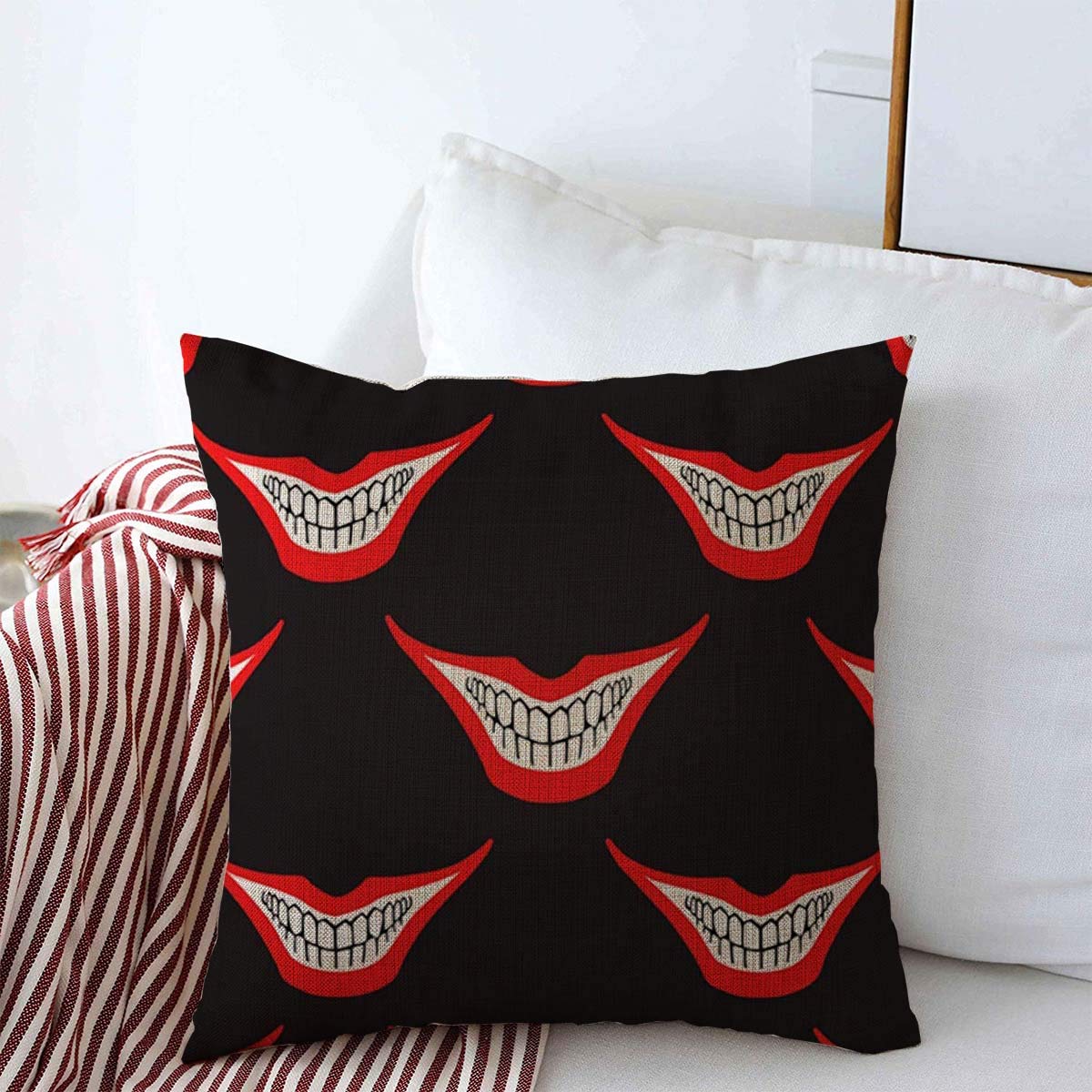 Throw Pillow Covers 16" x 16" Bad Red Creepy Evil Clown Playing Joker Grin Smile Scary Circus Comic Mouth Pattern Design Spooky Cushion Case Cotton Linen for Winter Home Decoration