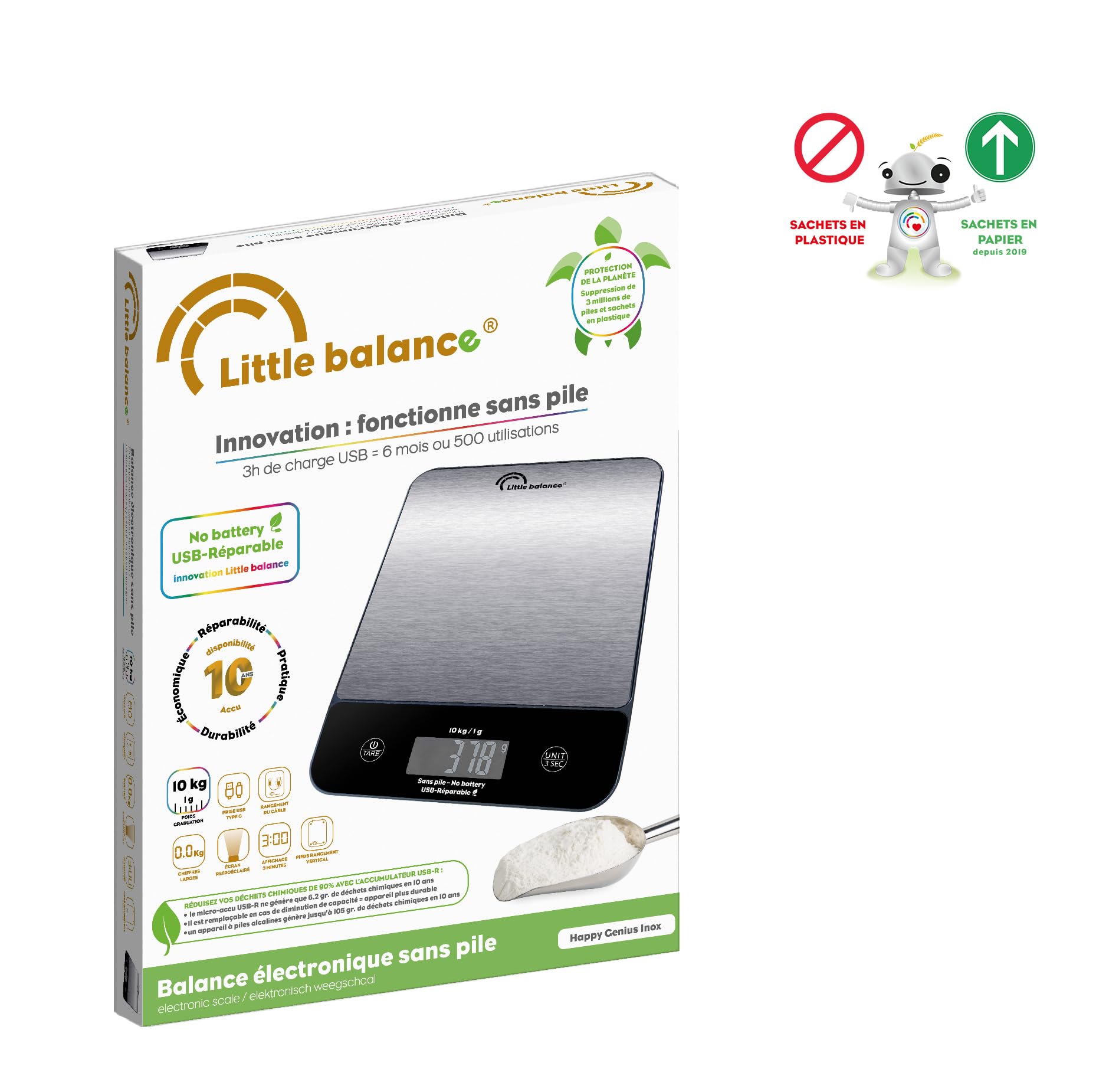 LITTLE BALANCE 8711 Happy Genius 10 Iox, Bilancia da cucina senza batteria, ricaricabile USB, riparabile, 10 kg, acciaio inox