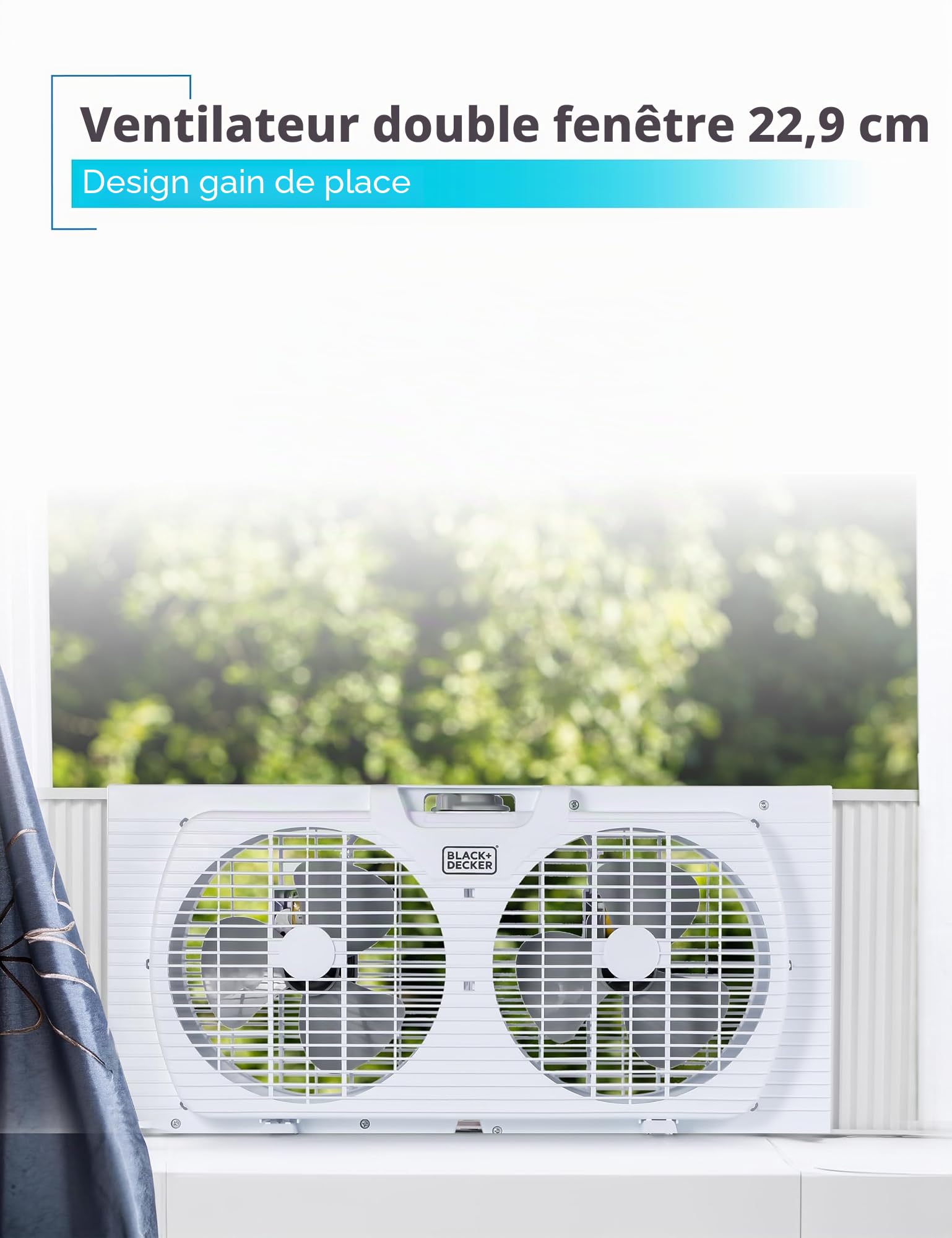 BLACK+DECKER Ventilateur de fenêtre double de 22,9 cm pour écran de fenêtre avec 2 réglages de vitesse, double ventilateur de fenêtre avec commandes mécaniques et pieds amovibles, ventilateur de