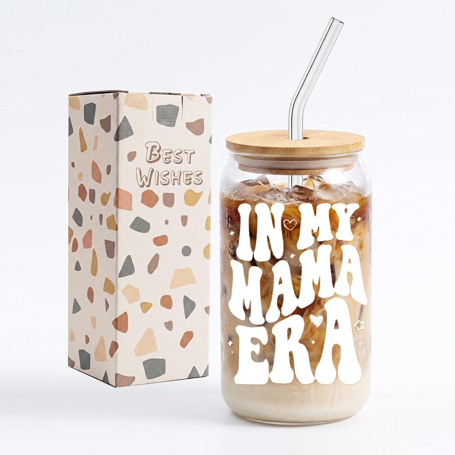 Boy Mom Gifts, In My Boy Mom Era 16 oz Glass Cup with Lid and Glass Straws, Cute Iced Coffee Cup for Moms with Sons, New Mom, Birthday, Baby Shower or Just Because