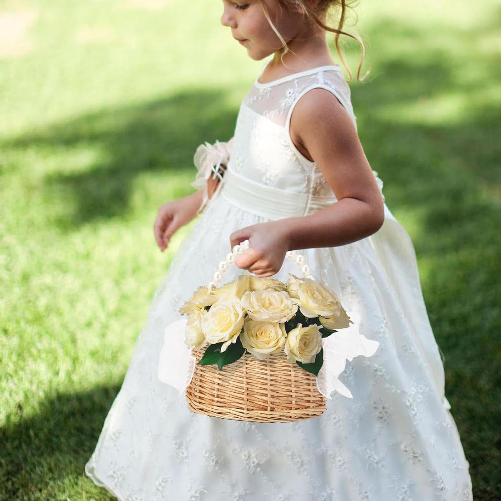 Panier En Osier Blanc Avec Anse - Corbeille à Fleurs Mariage Ou Décoration Maison - Style Rustique Et Léger