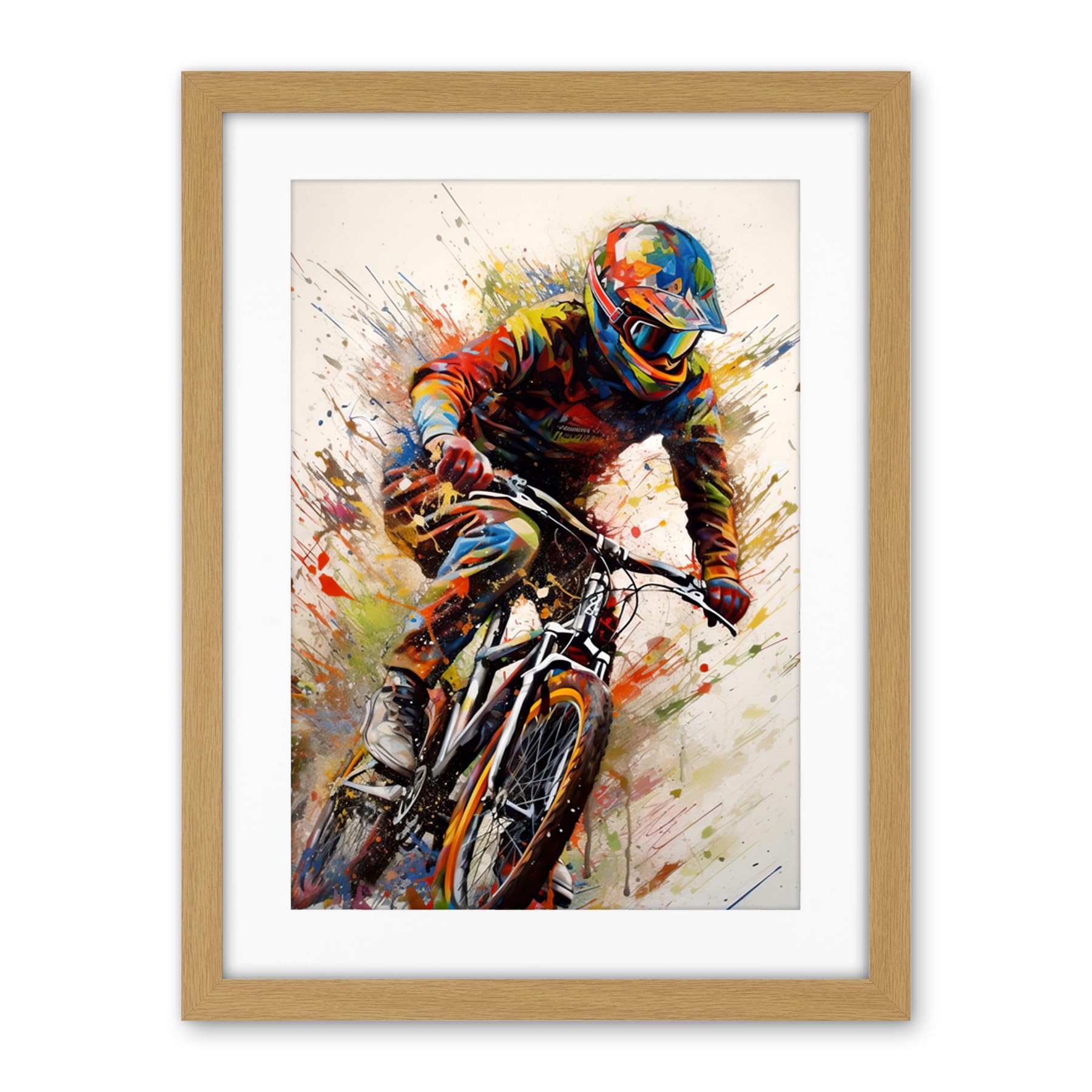 Artery8 Mountain Biker Portrait Splat Paint Action Shot Artwork Framed Wall Art Print 18X24 Inch