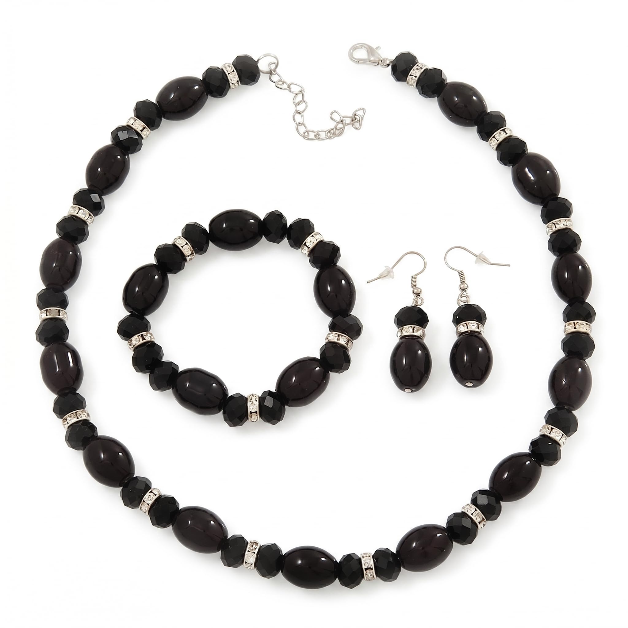 Collar de cuentas negro ajustable con pulsera flexible de vidrio 8