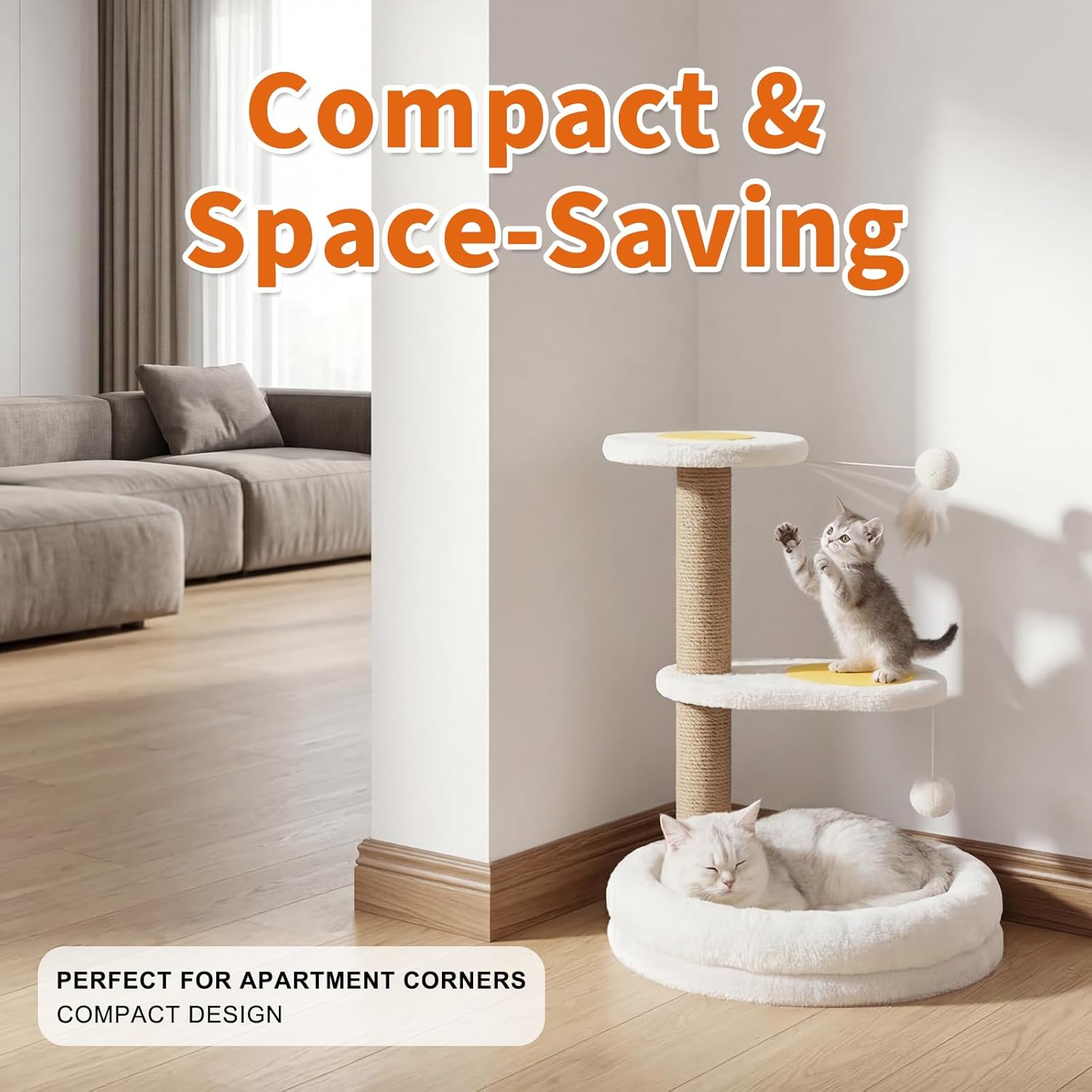 Cat Tree for Indoor Cats, 20.47" H, Easy to Assemble Kitten Scratching Post with Stable Base, Cozy Bed, Sisal Cat Tower with Hanging Ball Toys for Kittens and Small Cats