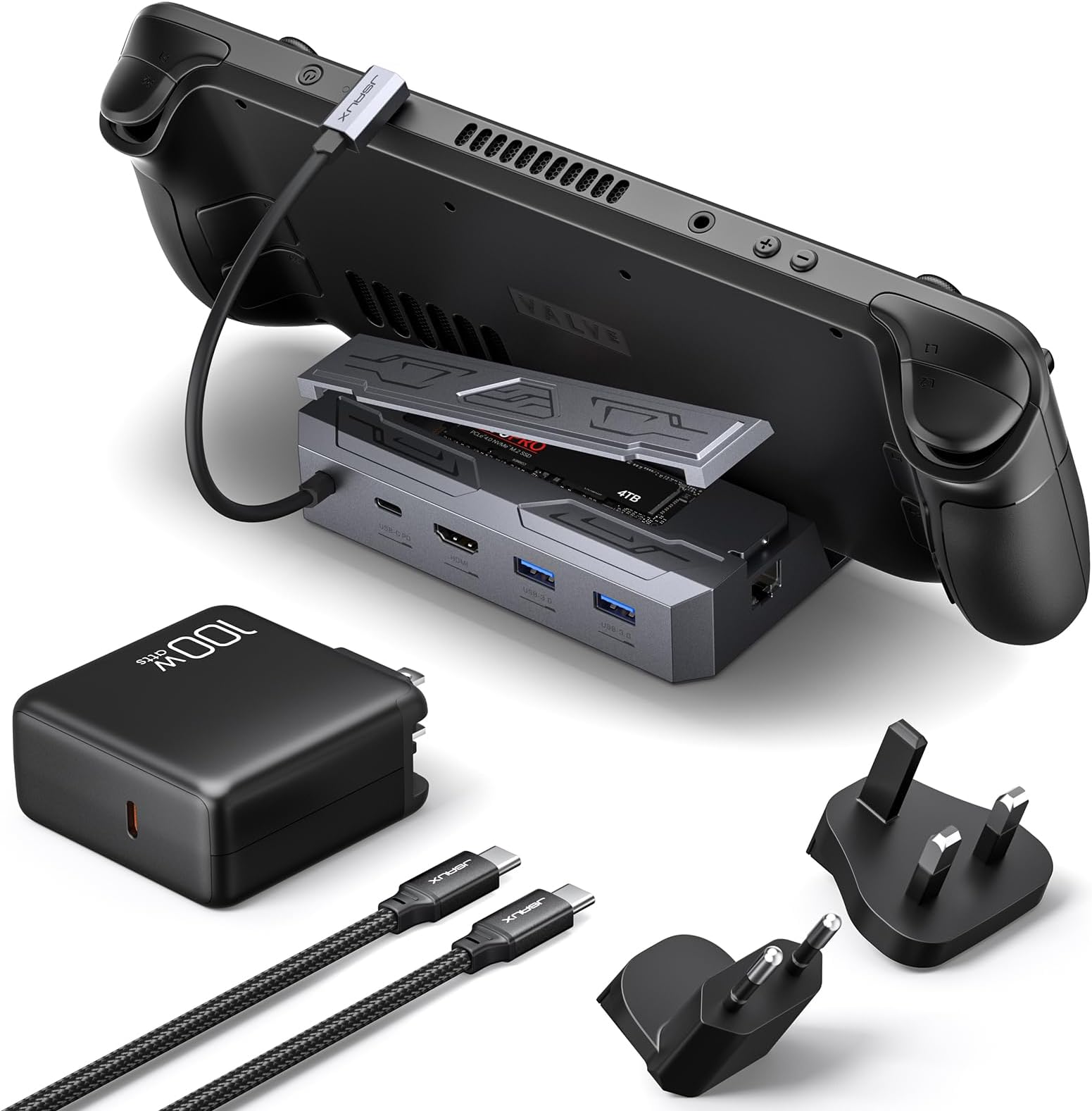 JSAUX M.2 Docking Station with PD 65W AC Adapter Charger Set with HDMI 2.0 4K@60Hz, Ethernet, Dual usb A 3.2 & usb C Ports Compatible with Steam Deck OLED/ROG Ally/Legion Go, 6-in-1 Steam Deck-HB0604