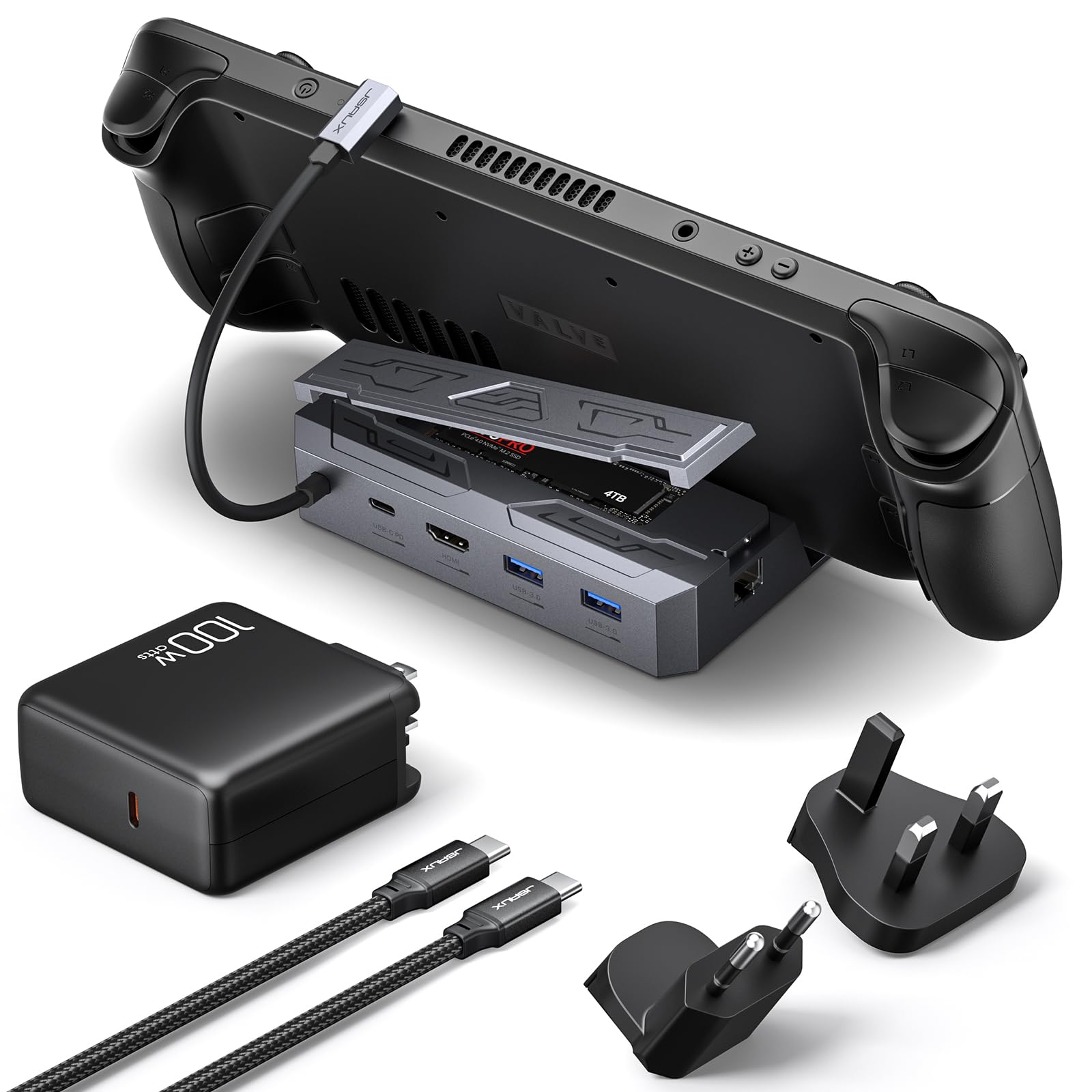 JSAUXM.2 Docking Station with PD 65W AC Adapter Charger Set with HDMI 2.0 4K@60Hz, Ethernet, Dual usb A 3.2 & usb C Ports Compatible with Steam Deck OLED/ROG Ally/Legion Go, 6-in-1 Steam Deck-HB0604