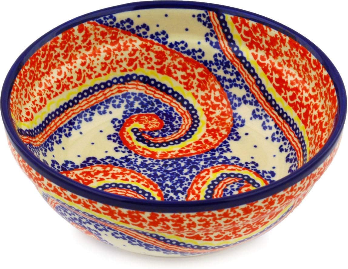 Polmedia Polish Pottery Bowl 7-inch UNIKAT - Butterscotch Chicken Pattern Handmade in Boleslawiec Poland + Certificate of Authenticity