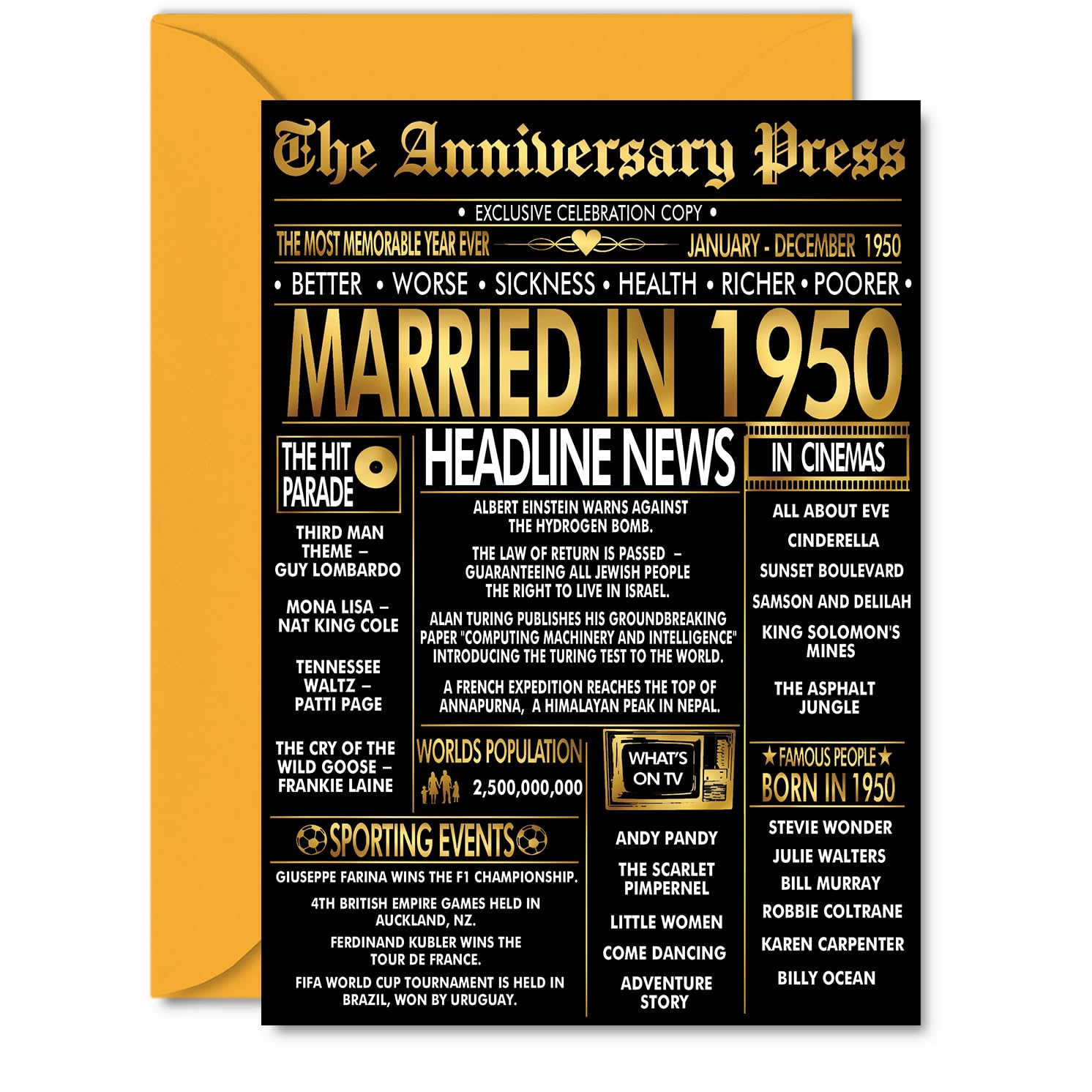 Gold 76th Anniversary Card for Men Women - Golden Newspaper Married in 1950-76 Year Wedding Anniversary Card for Partner Wife Companion Husband, A5 Anniversaries Greeting Cards