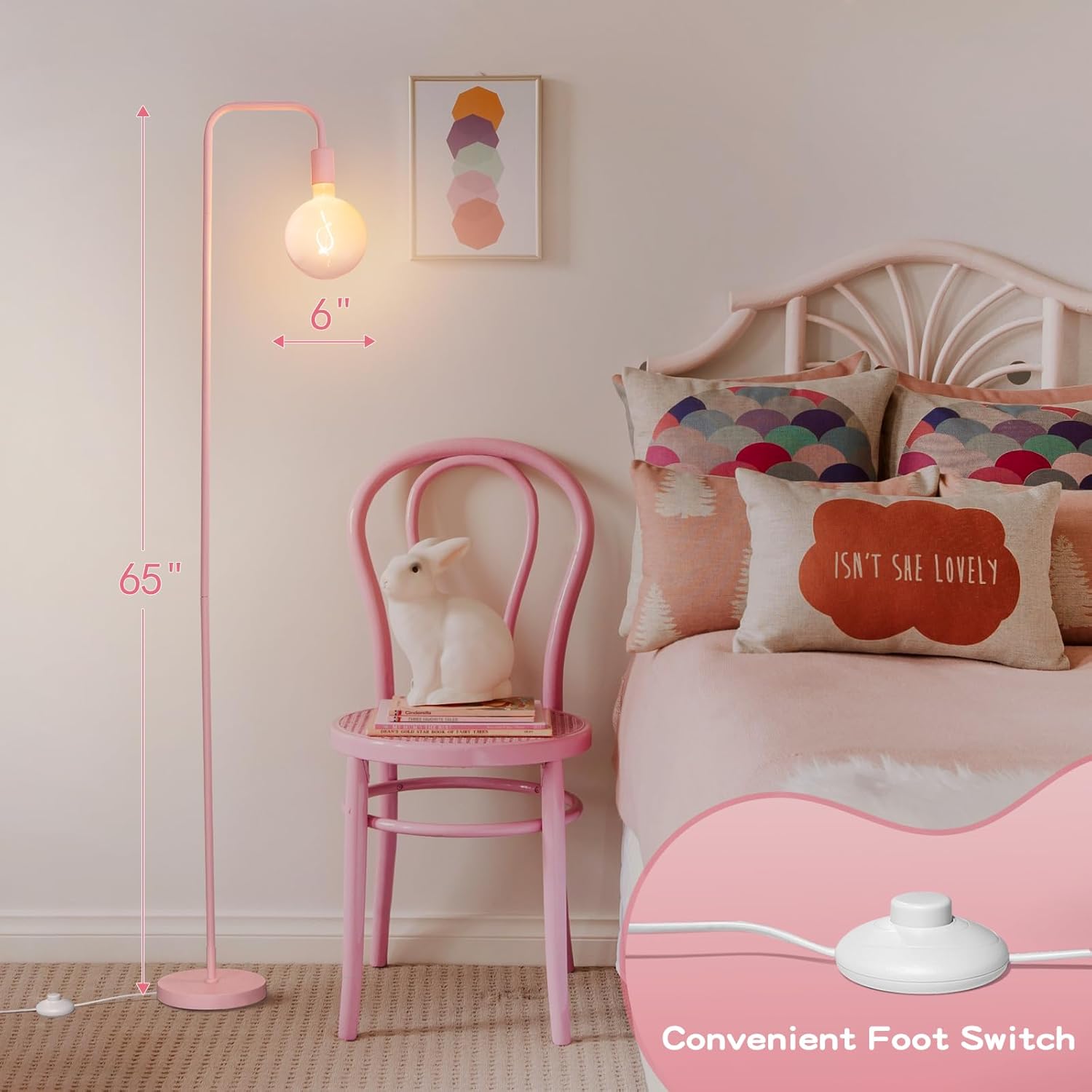 ONEWISH Pink Floor Lamp for Bedroom, Cute Standing Lamp with LED Bulb, Translucent Pink Globe Glass 2700k Warm Lighting. Globe Floor Lamp for Livingroom, Bedroom,Office